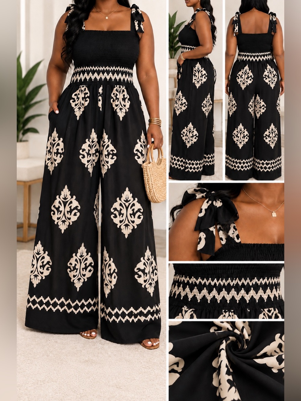 Black & Cream Tie-Strap Wide-Leg Jumpsuit